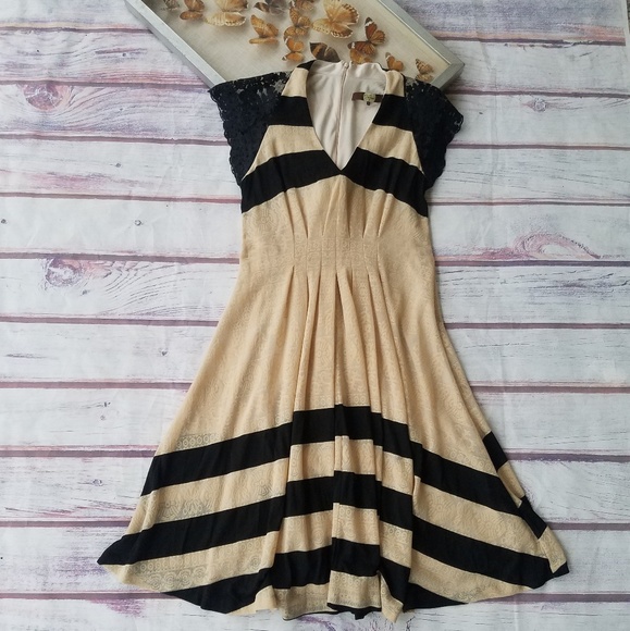 Eva Franco Dresses & Skirts - Eva Franco Tan Lace Striped Pleated Dress 10